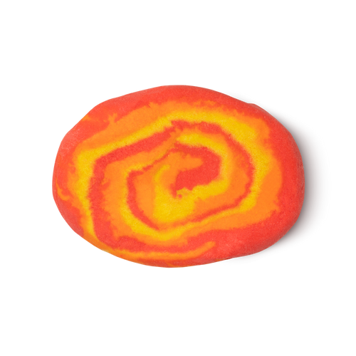 Brightside. A deep orange, light orange and vibrant yellow swirled, oval shaped, bubble bar.