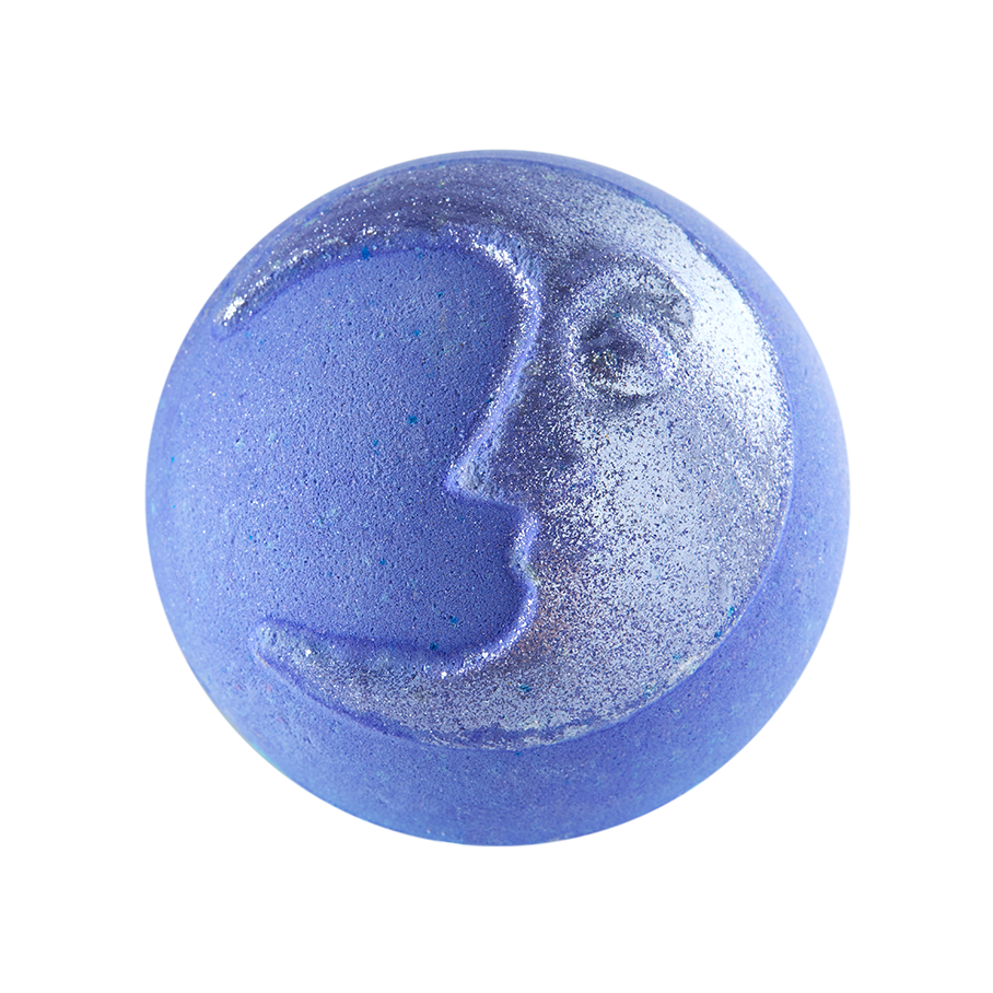Brother Moon. A perfectly round, enchanted purple colour bath bomb with an embossed crescent moon on the top, coated in shimmer silver lustre.