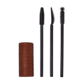 A Solid cylindrical block of brown mascara next to three different style mascara spoolie brushes.