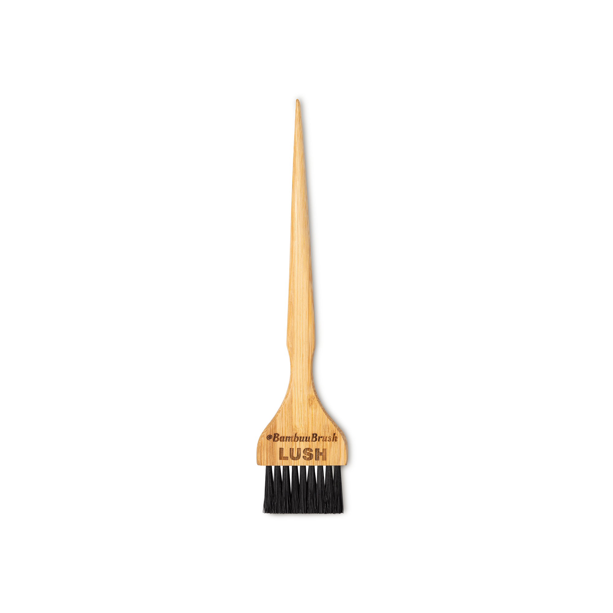 Tint Brush, flat, shot from above. Lush and BambuuBrush branding is printed into the bamboo handle, below the black bristles.