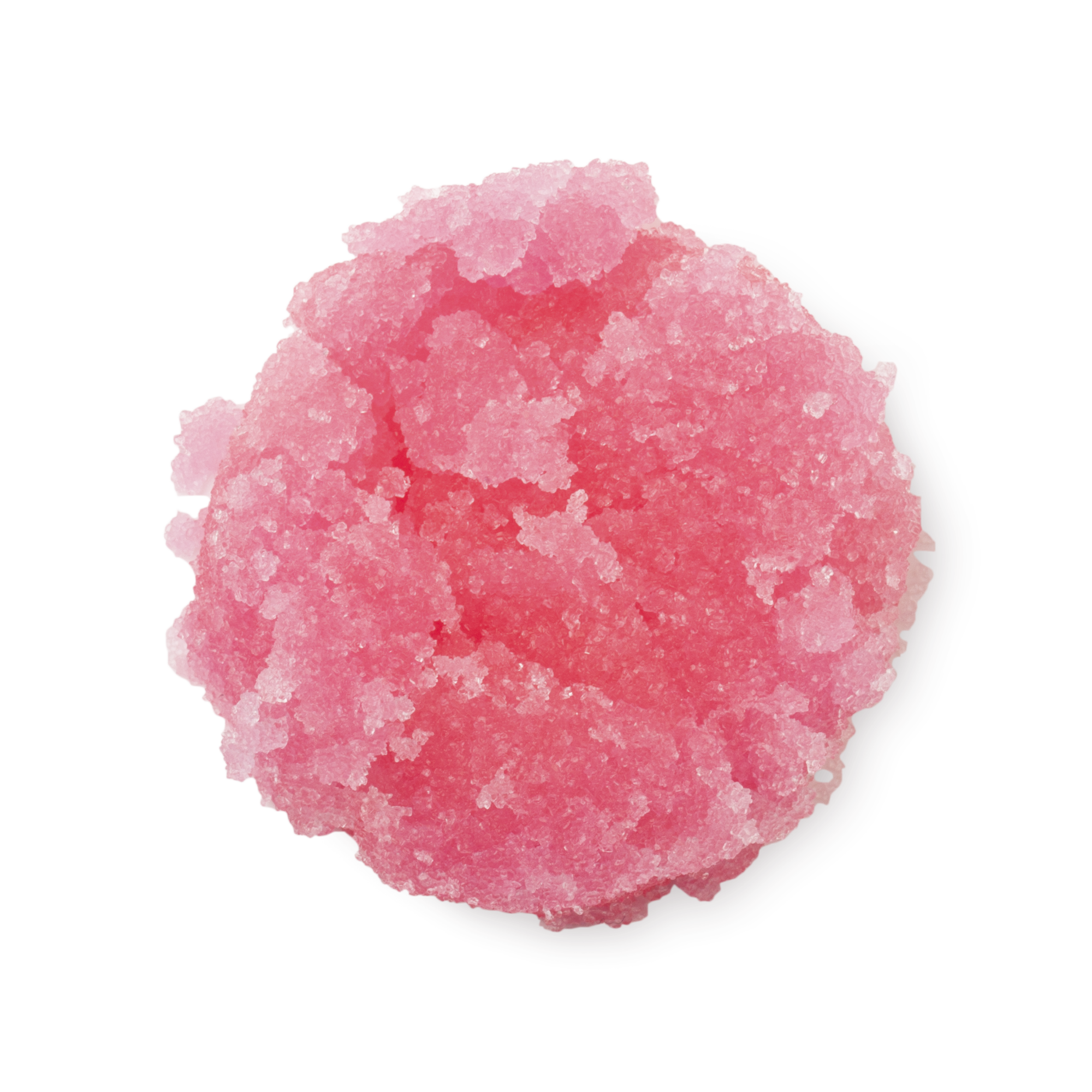 Bubblegum. A neatly piled swatch of thick, textured, vibrant pink lip scrub with visible sugar granules.