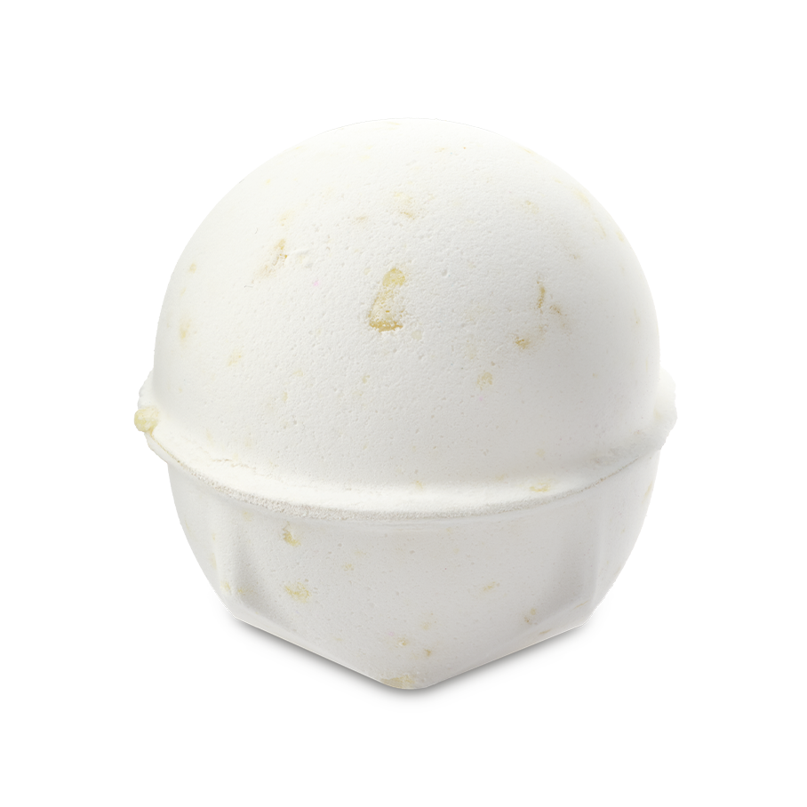 Butterball bath bomb. A smooth, ivory-white spherical bath bomb with a slightly textured surface. Small, buttery specks of cocoa butter are visible across the exterior. Standing alone against a plain light grey background.