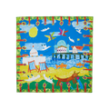 By The Seaside. A square knot wrap with a drawn, floral border depicting a sunny beach day complete with Brighton Pier, blue skies, deck chairs and seagulls.