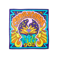 Capricorn. A vibrant, square, fabric knot wrap. It is designed with a purple and blue border. The word "Capricorn" is arched in orange across the centre in bubble letters with a retro, groovy, mountain scene with a goat face profile on either side.