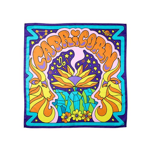 Capricorn. A vibrant, square, fabric knot wrap. It is designed with a purple and blue border. The word "Capricorn" is arched in orange across the centre in bubble letters with a retro, groovy, mountain scene with a goat face profile on either side.