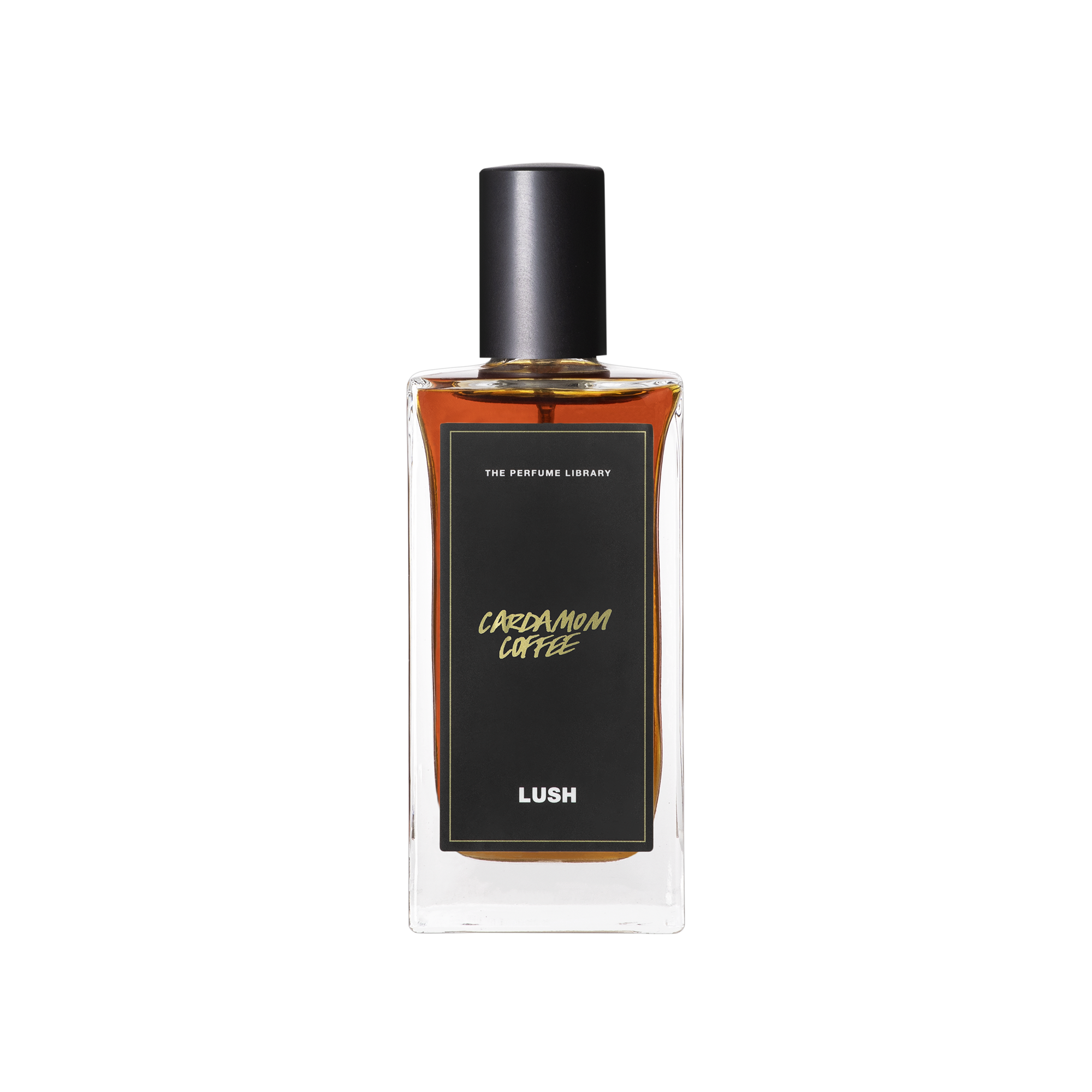 A glass perfume bottle filled with mahogany liquid. A black label reads 'The Perfume Library' and 'Cardamom Coffee'.