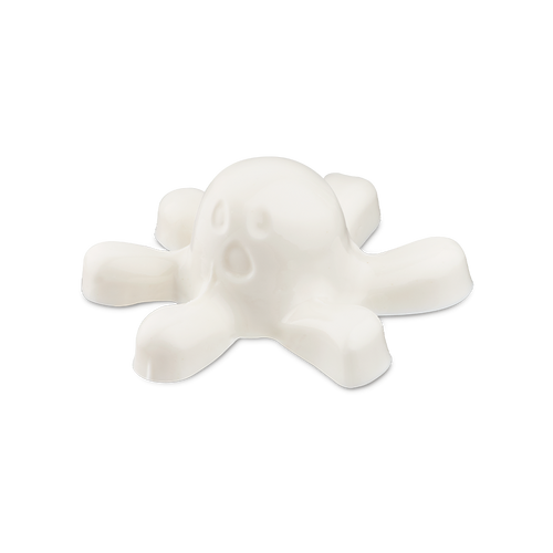 Carefree Spirit. A smooth, glossy white shower jelly shaped like a cartoon ghost. It has a rounded central body with a moulded, surprised face featuring an open mouth and oval eyes, surrounded by six short, stubby legs.