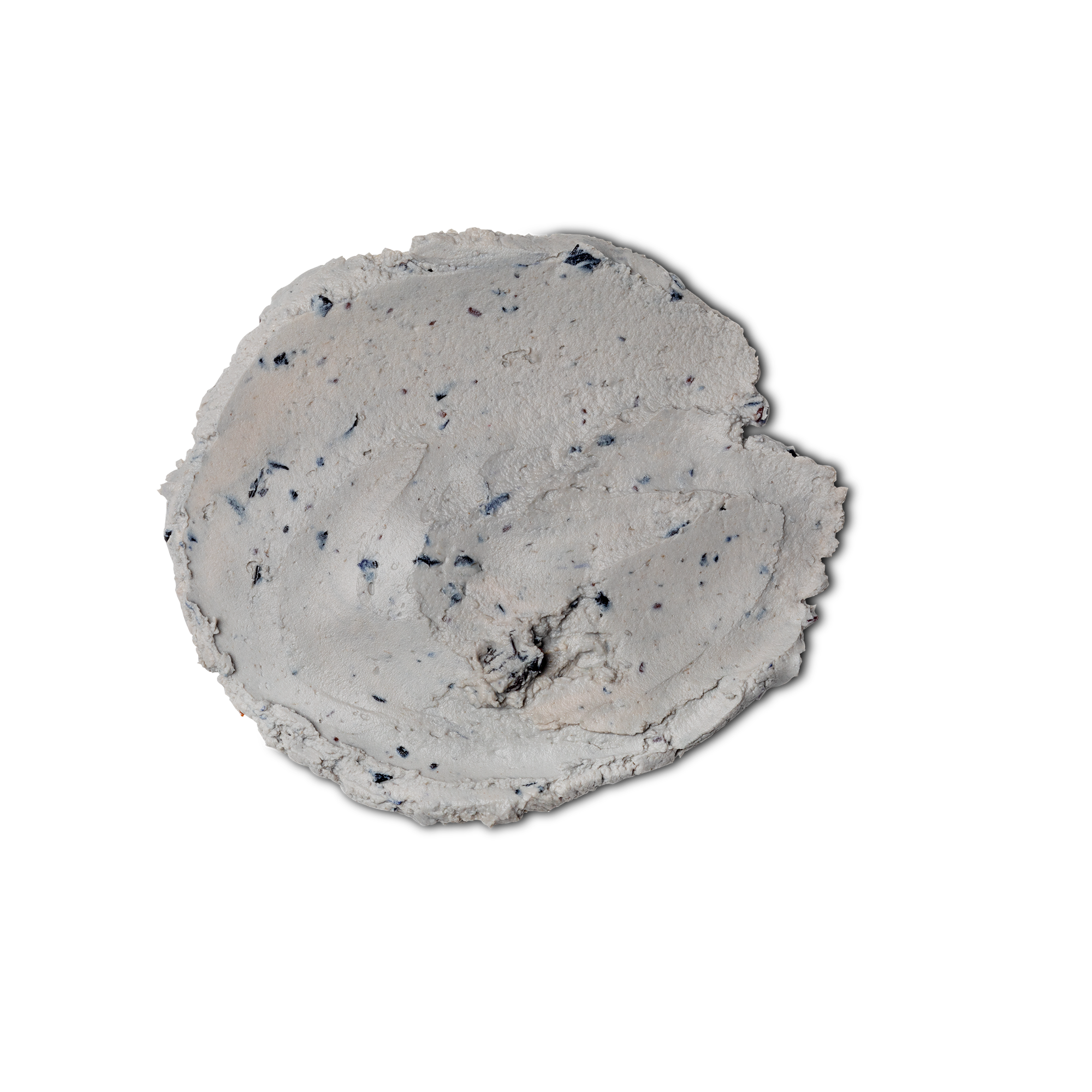 A swatch of thick, pale lilacy blue coloured Catastrophe Cosmetic face mask, complete with tiny pieces of blueberry throughout.