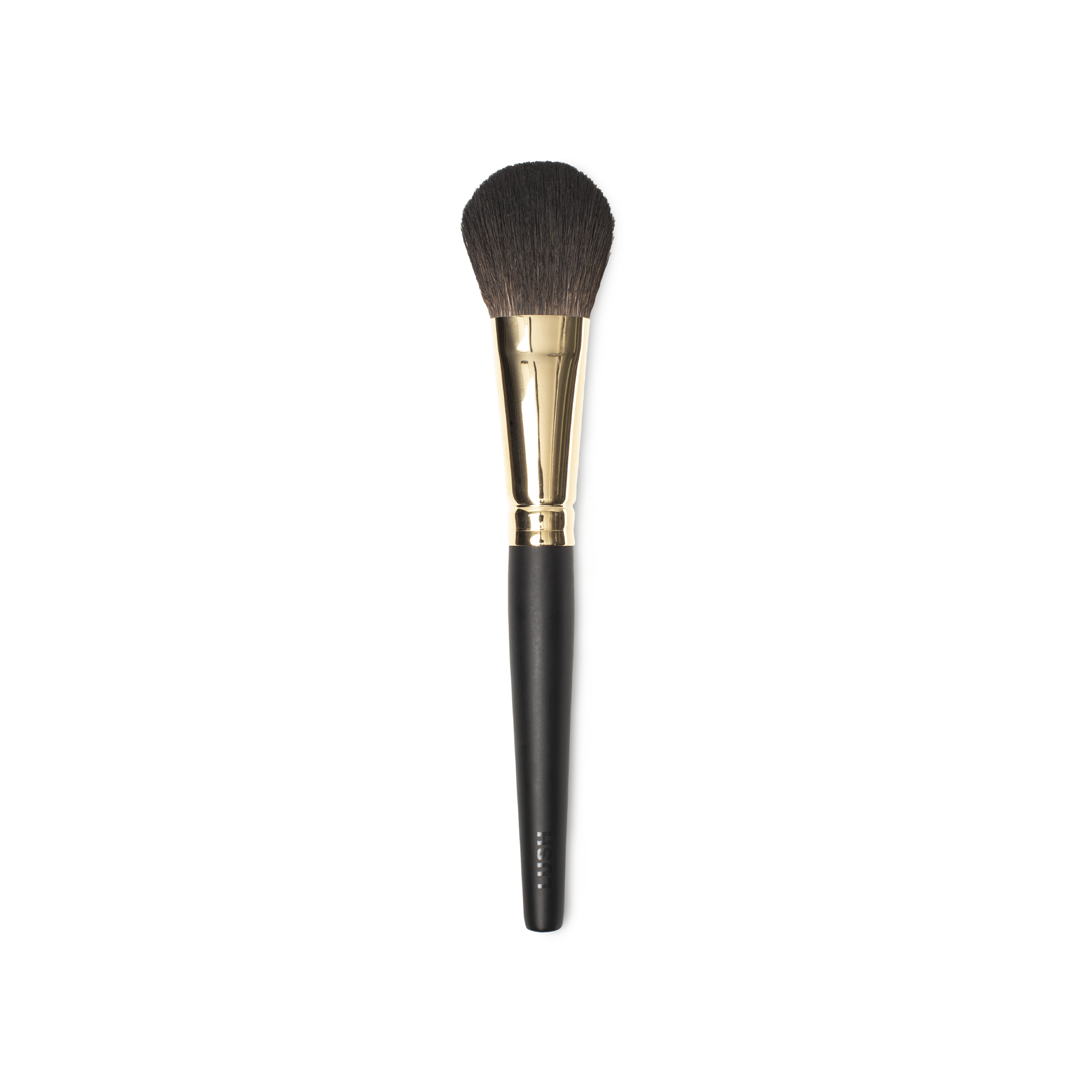 Cheek To Cheek Brush. A blusher brush, with tapered brown bristles and a gold and dark wooden handle.