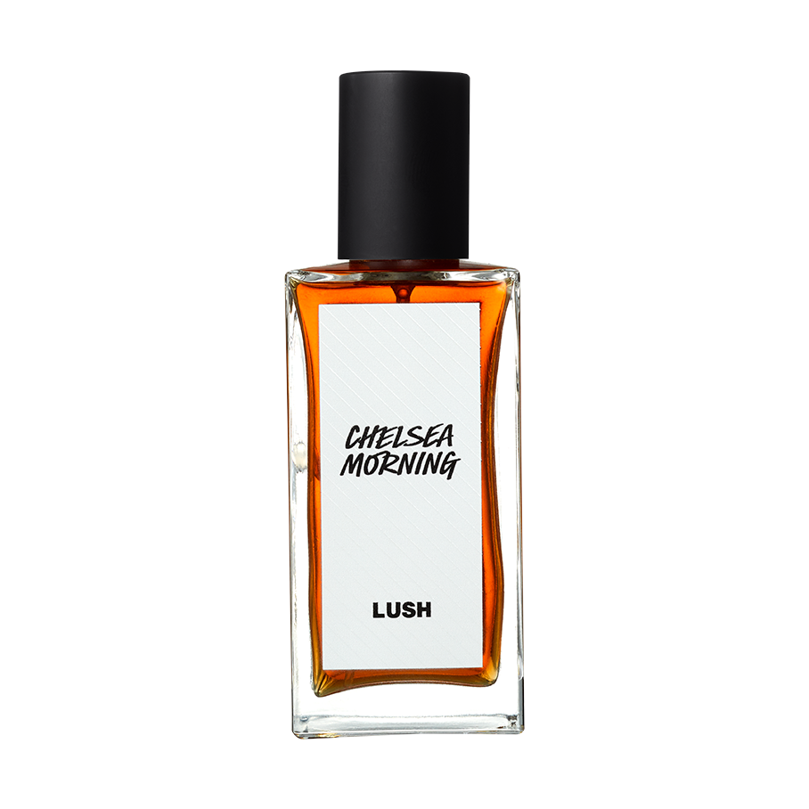 Chelsea Morning. A rectangular, glass perfume bottle with a black cap is filled with amber liquid. A white label reads 'Chelsea Morning'.
