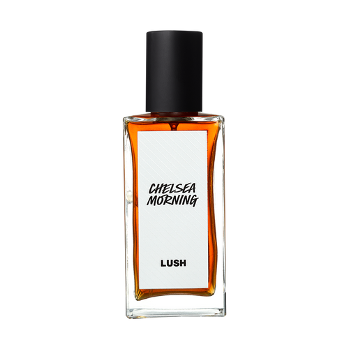 Chelsea Morning. A rectangular, glass perfume bottle with a black cap is filled with amber liquid. A white label reads 'Chelsea Morning'.