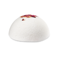 The Rose Comforter. A white, dome-shaped solid body scrub with a crystalline, salt-like texture. The top of the sphere is decorated with dried pink and yellow rose petals.