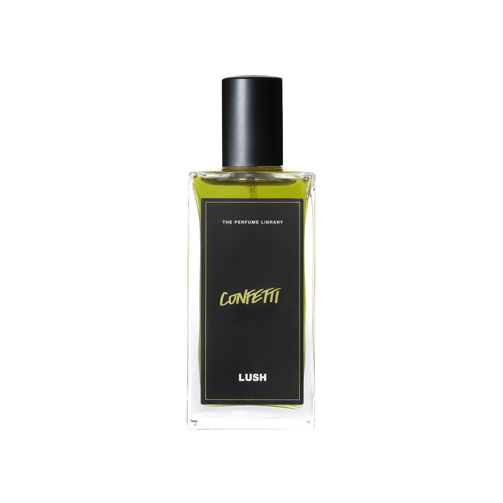 A glass perfume bottle filled with lime green liquid. A black label reads 'The Perfume Library' and 'Confetti'.