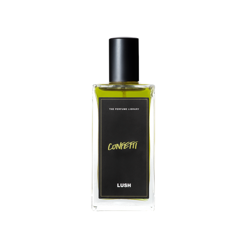 A glass perfume bottle filled with lime green liquid. A black label reads 'The Perfume Library' and 'Confetti'.