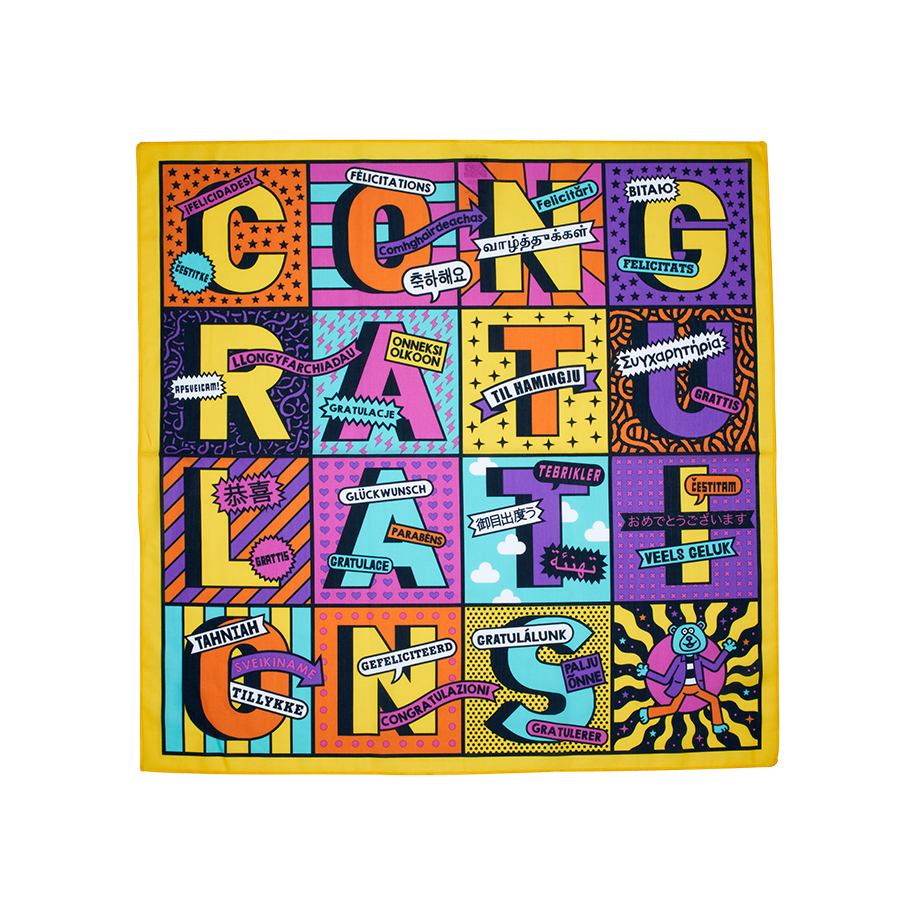 Congratulations. This knot wrap shows 16 squares, spelling out "Congratulations" featuring the word in other languages.