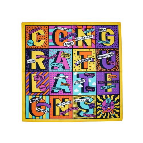Congratulations. This knot wrap shows 16 squares, spelling out "Congratulations" featuring the word in other languages.