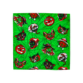 Creep It Real, Comrades. A square fabric wrap featuring a bright lime green cobweb pattern. It is decorated with a repeating vintage-style Halloween motif of red, black, and white pumpkins, witches, bats, owls, skulls, and black cats.