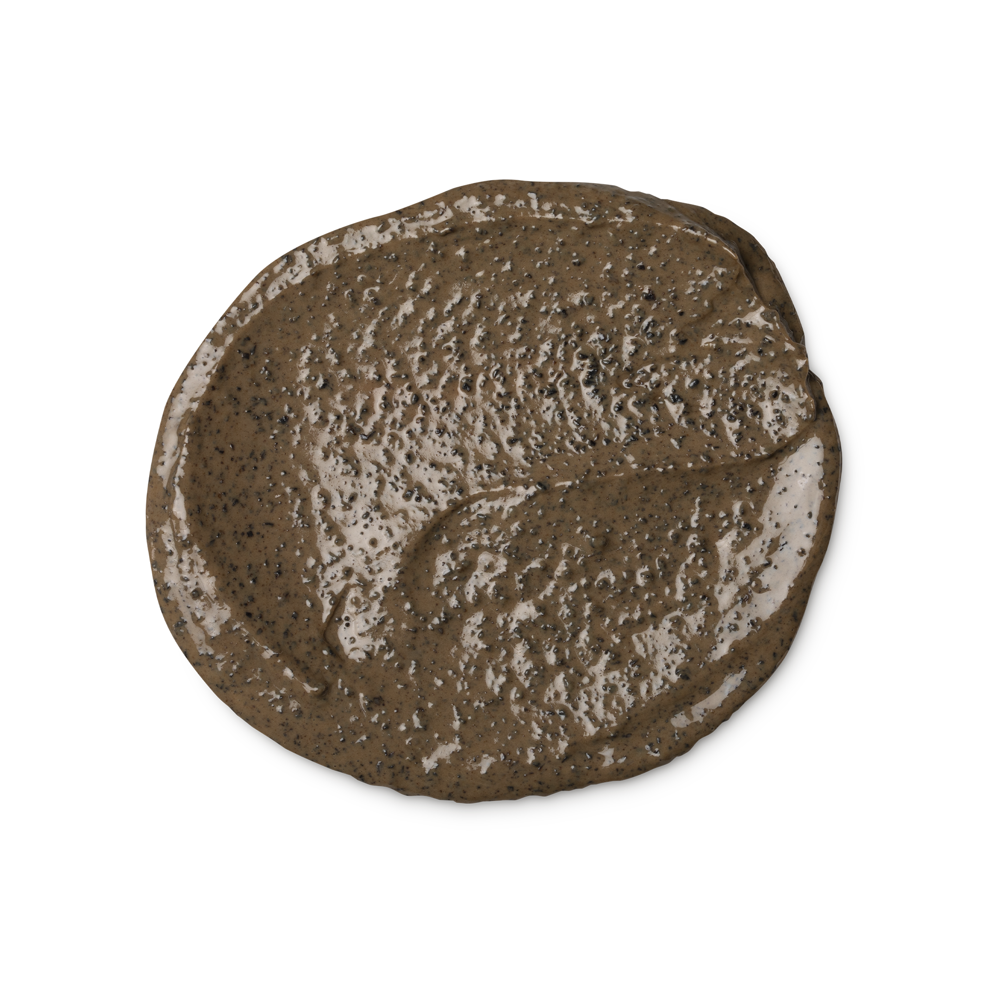 A swatch of Cup o' Coffee, a brown, creamy face and body mask, textured with ground coffee.