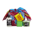 Curly Coily. A box is neatly wrapped in a colourful, exclusive knot wrap with three hair care products consisting of a spray bottle, co-wash and conditioner put beside.