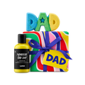 DAD gift. A vibrant Lush gift set featuring a colourful swirl-patterned gift box with a blue ribbon and "DAD" tag, and a blue, green, and yellow "DAD" shaped bath bomb on top and "Squeeze The Day" shower gel to the side.