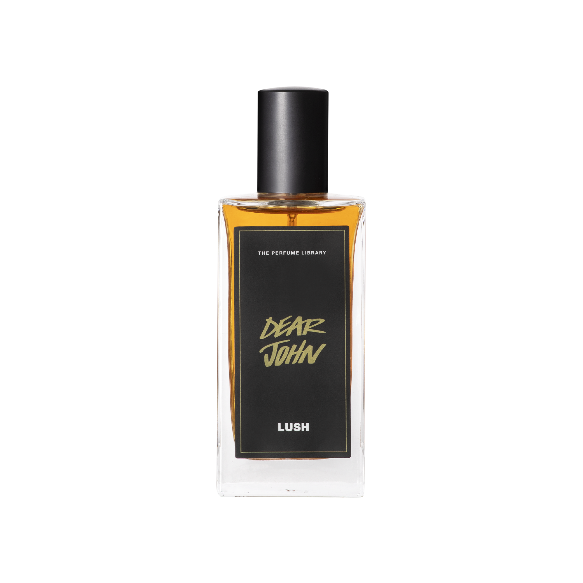 A glass perfume bottle filled with dark amber liquid. A black label reads 'The Perfume Library' and 'Dear John'.