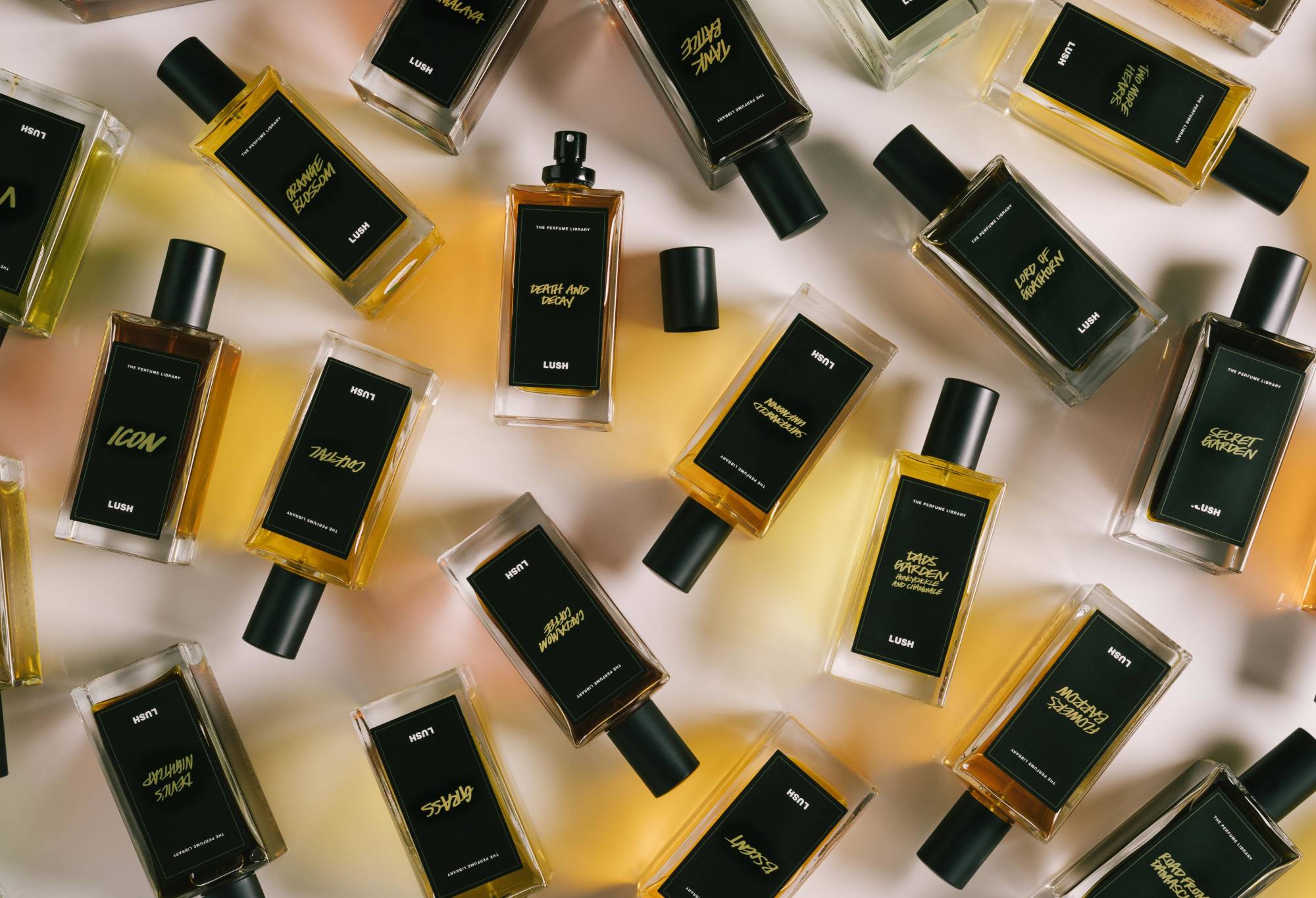 A number of black label perfume bottles are arranged randomly, with Death and Decay in the centre, lid off, ready to spritz.