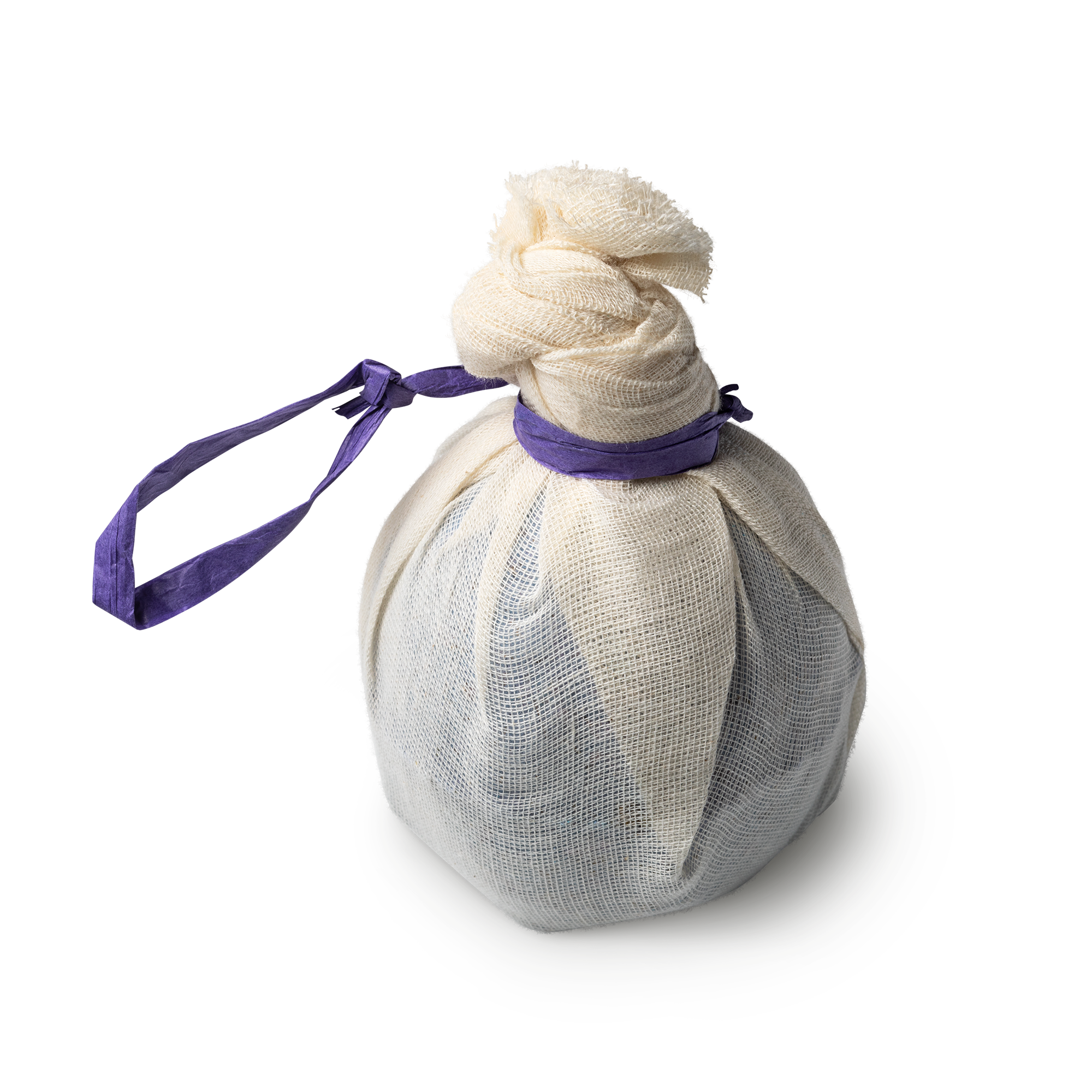 Deep Sleep. A round, purple bath bomb, beautifully wrapped in muslin tied in a knot and secured with a purple tie.