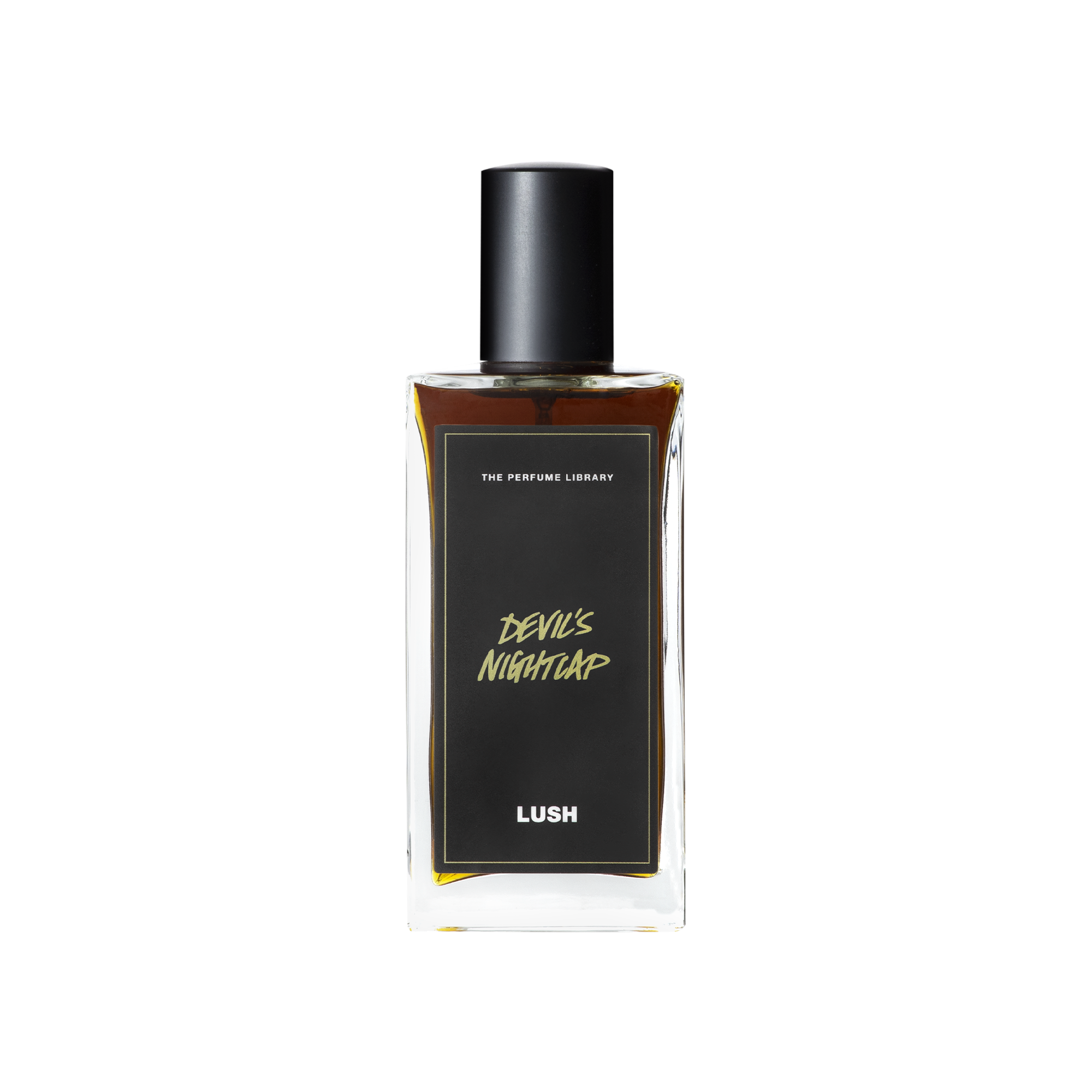 A glass perfume bottle filled with dark mahogany liquid. A black label reads 'The Perfume Library' and 'Devil's Nightcap'.