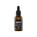 A small, amber glass bottle of "Dirty" hair and beard oil by Lush. The bottle features a black label with white text and a black pipette dropper lid, containing 30ml of product.