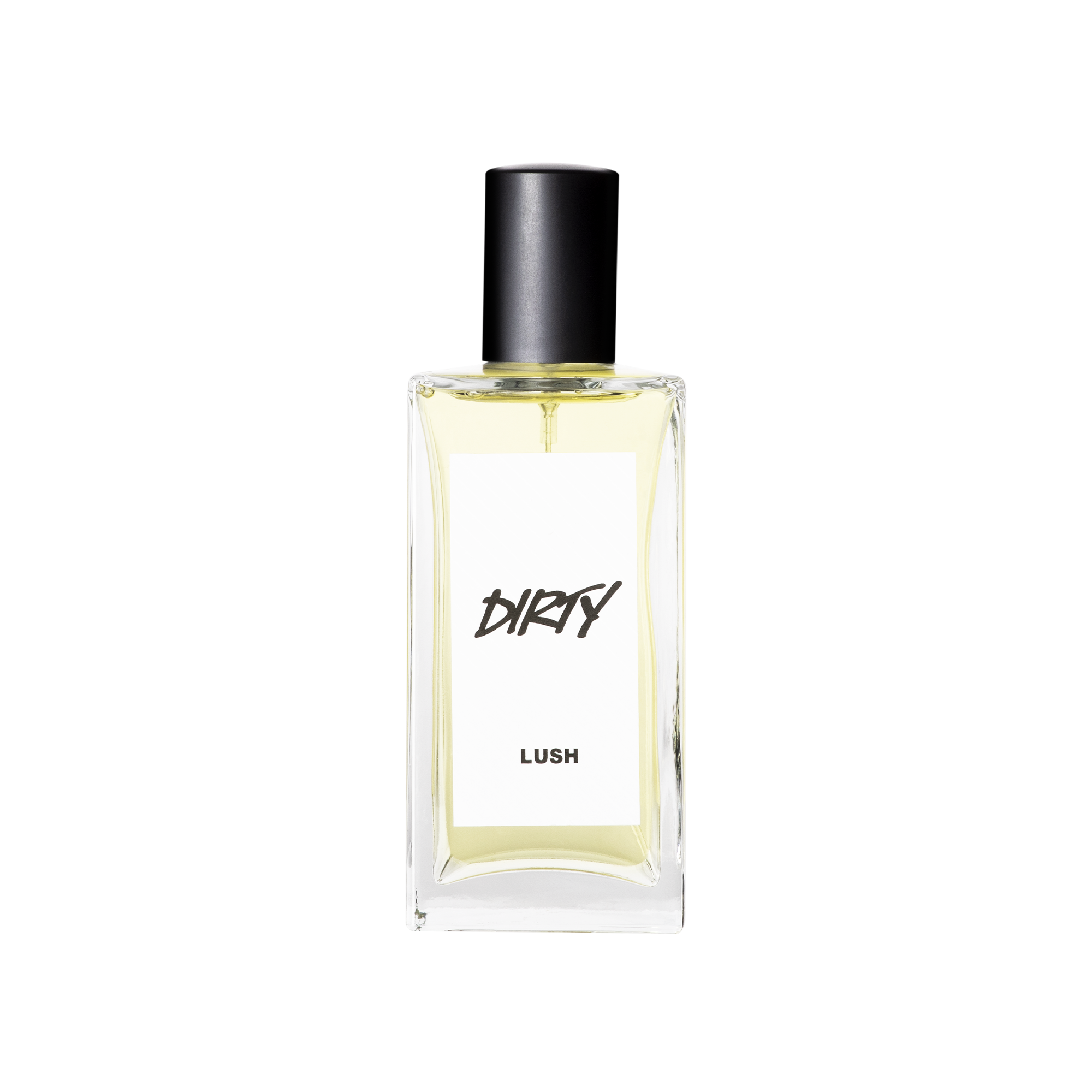 A glass perfume bottle filled with ivory coloured liquid. A white label reads 'Dirty'.
