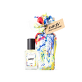 Dirty. A perfume bottle, wrapped in an artistic white, blue, yellow, orange and red knot wrap, complete with a brown gift tag.