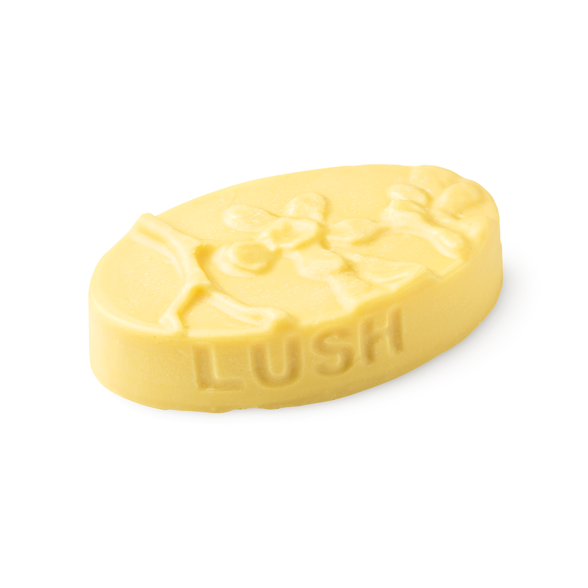 Each Peach (And Two's A Pair). A buttery yellow, oval shaped, solid massage bar, with an embossed orange fruit flower design.