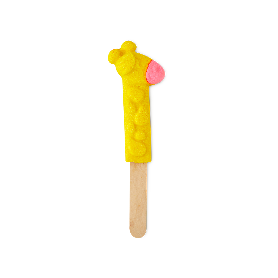Elsie The Giraffe. A colourful, bright yellow bubble bar in the shape of a giraffe's neck and head. There are embossed spots and a pink mouth. The bubble bar is attached to the top of a wooden stick.