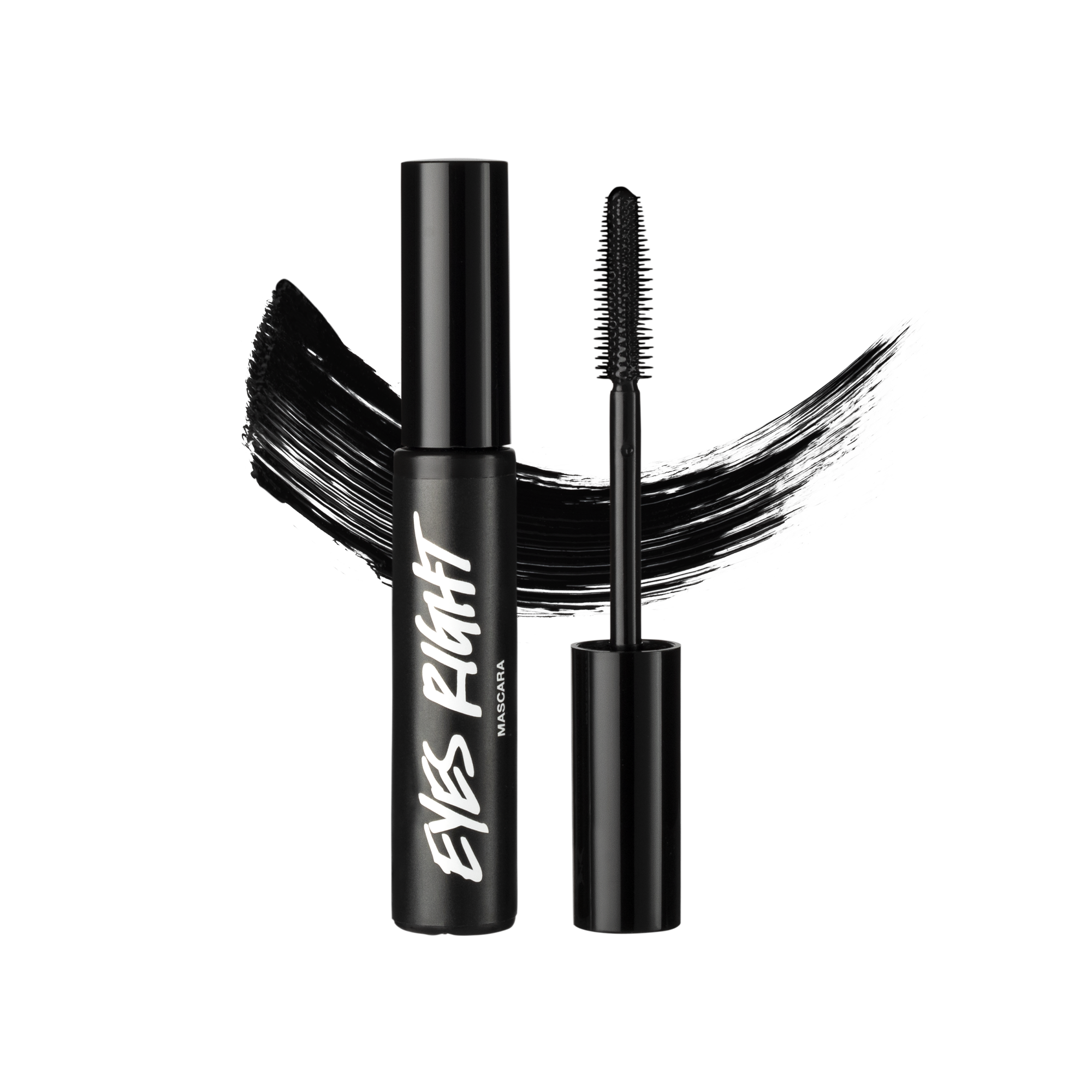 A tube and wand of Eyes Right mascara, both made of black Lush plastic, are positioned in front of a swatch of black mascara.