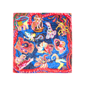 Fantasy Animals. A square, fabric knot wrap. The edges are designed with abstract red swirls with dots. The centre is a playful, blue pattern depicting eleven, colourful fantasy animals.