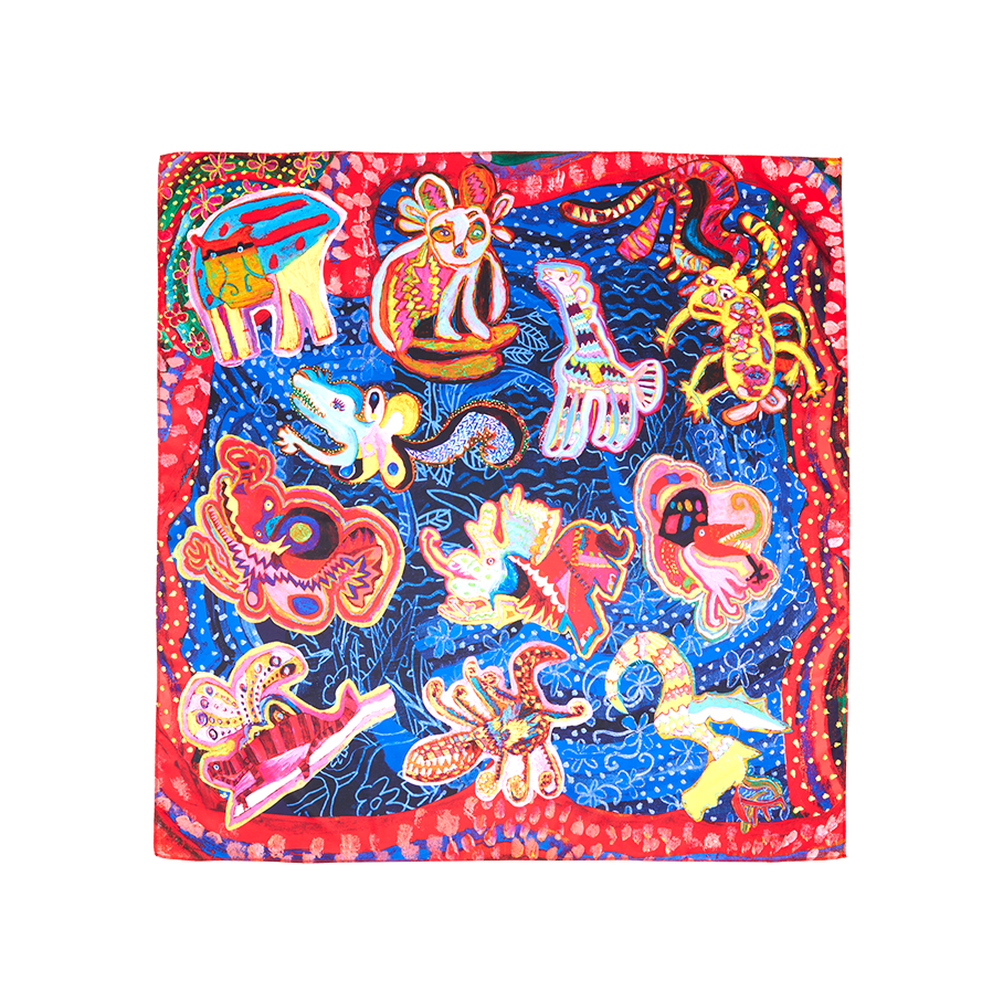 Fantasy Animals. A square, fabric knot wrap. The edges are designed with abstract red swirls with dots. The centre is a playful, blue pattern depicting eleven, colourful fantasy animals.