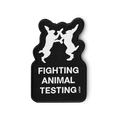 Iron-on patch is shaped around the fighting bunny logo and detailed in black with "Fighting Animal Testing" text in white.