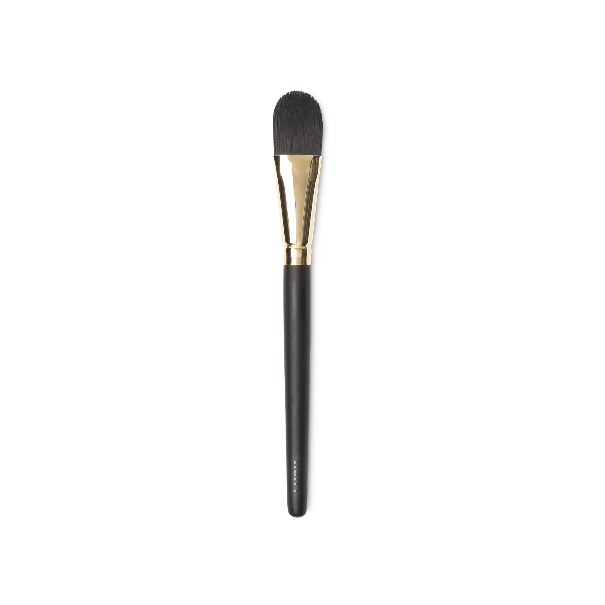 Fresh Faced Brush. A flat foundation/ face mask brush, with tapered brown bristles and a gold and dark wooden handle.
