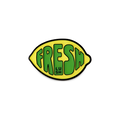 Fresh Values. A yellow, lemon-shaped metal badge with a black border and the word "FRESH" in green bubble letters.