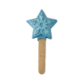 Frozen. A reusable bubble bar comprised of a wooden stick handle and a typical, five-pointed star-shaped, blue bubble bar on top. There is a snowflake shape embossed on the star and a visible silver shimmer throughout the product.