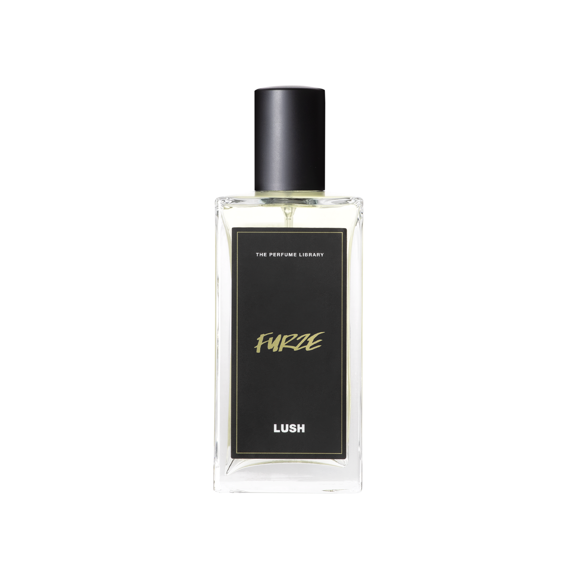 A glass perfume bottle filled with almost colourless liquid. A black label reads 'The Perfume Library' and 'Furze'.