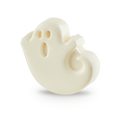 Ghost In The Dark. An off-white bar of soap sculpted into the shape of a cartoon ghost. The ghost has a rounded body, small waving arms, and hollowed-out oval shapes for two eyes and an open, surprised mouth.
