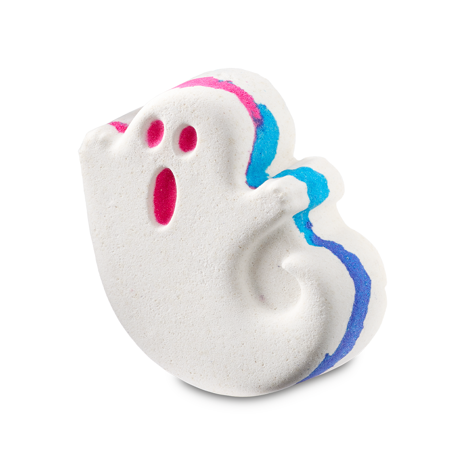Ghostie bath bomb. A white, ghost-shaped product with a rounded base and a curled tail. It has two pink eyes and an open pink mouth, with a pink and blue stripe around the centre.
