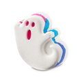 Ghostie bath bomb. A white, ghost-shaped product with a rounded base and a curled tail. It has two pink eyes and an open pink mouth, with a pink and blue stripe around the centre.