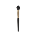 Glow To Town Brush. A flame shaped, blending/powder brush. Tapered, fluffy brown bristles. A gold and dark wooden handle.