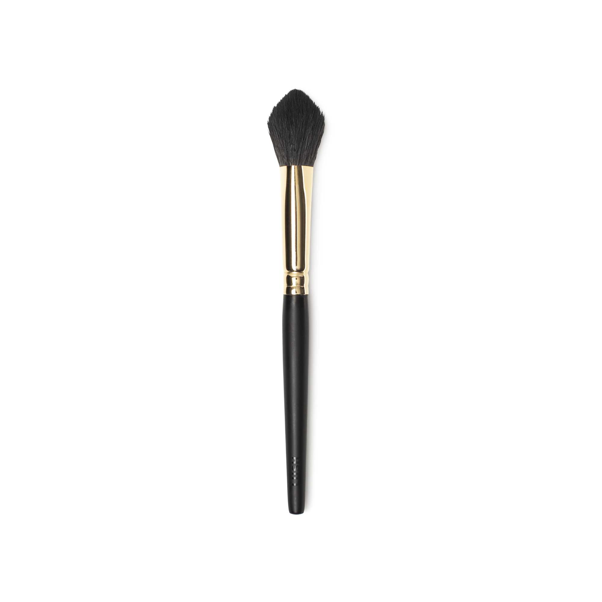 Glow To Town Brush. A flame shaped, blending/powder brush. Tapered, fluffy brown bristles. A gold and dark wooden handle.