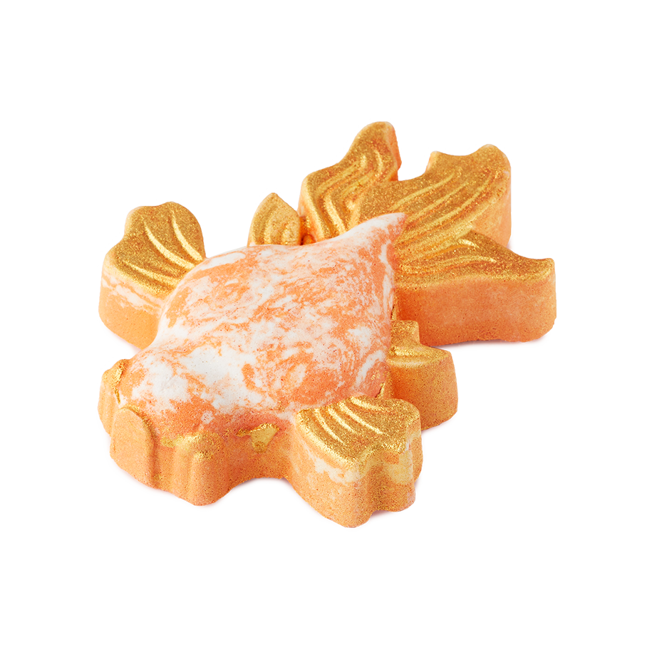 Goldfish. A colourful, orange goldfish-shaped bath bomb complete with delicate, flowing fins covered in fancy golden lustre.