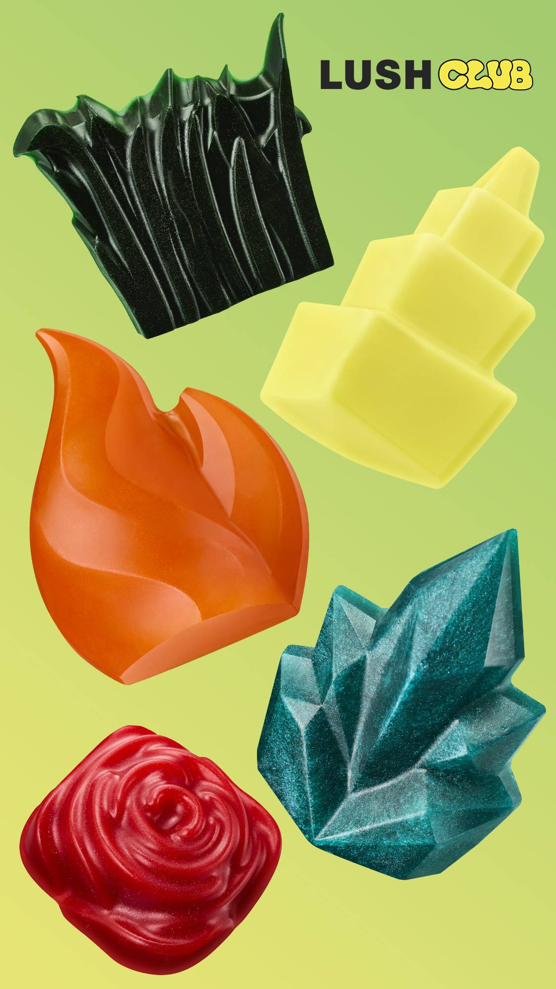 Five Lush Club shower gummies—Grounding, Uplifting, Warming, Cooling, and Sexy—displayed in their unique elemental shapes against a light green background.