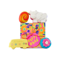 Happy Daze. A square gift box with a colourful neon flower design, tied with an orange string and a pink gift tag. Four bath products sit on top of and in front of the gift box.