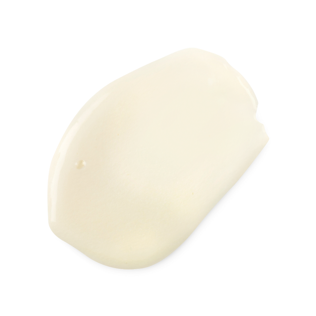 A swatch of light, smooth, light cream coloured Happy Happy Joy Joy conditioner.